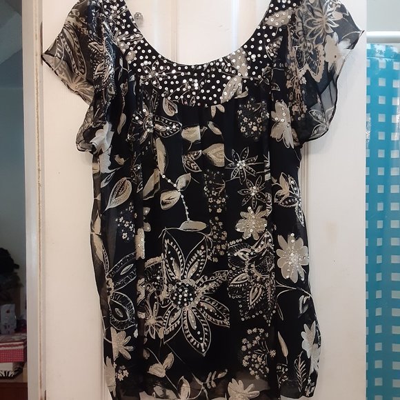 JMB Signature Cap Sleeve Black and Cream Pull over Blouse Size 1X - Picture 1 of 3